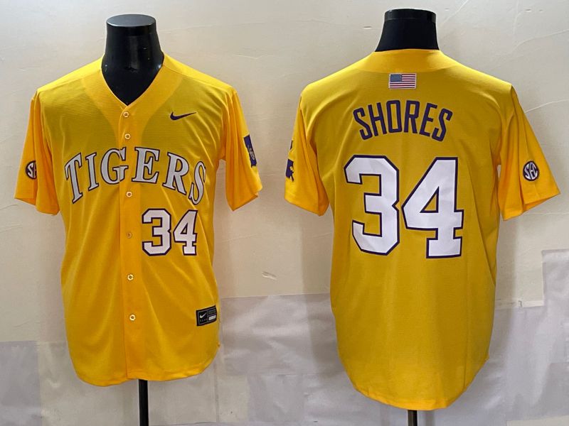 Men 2025 LSU Tigers 34 Shores Yellow Nike Joint Name Nike NCAA Jersey style 6